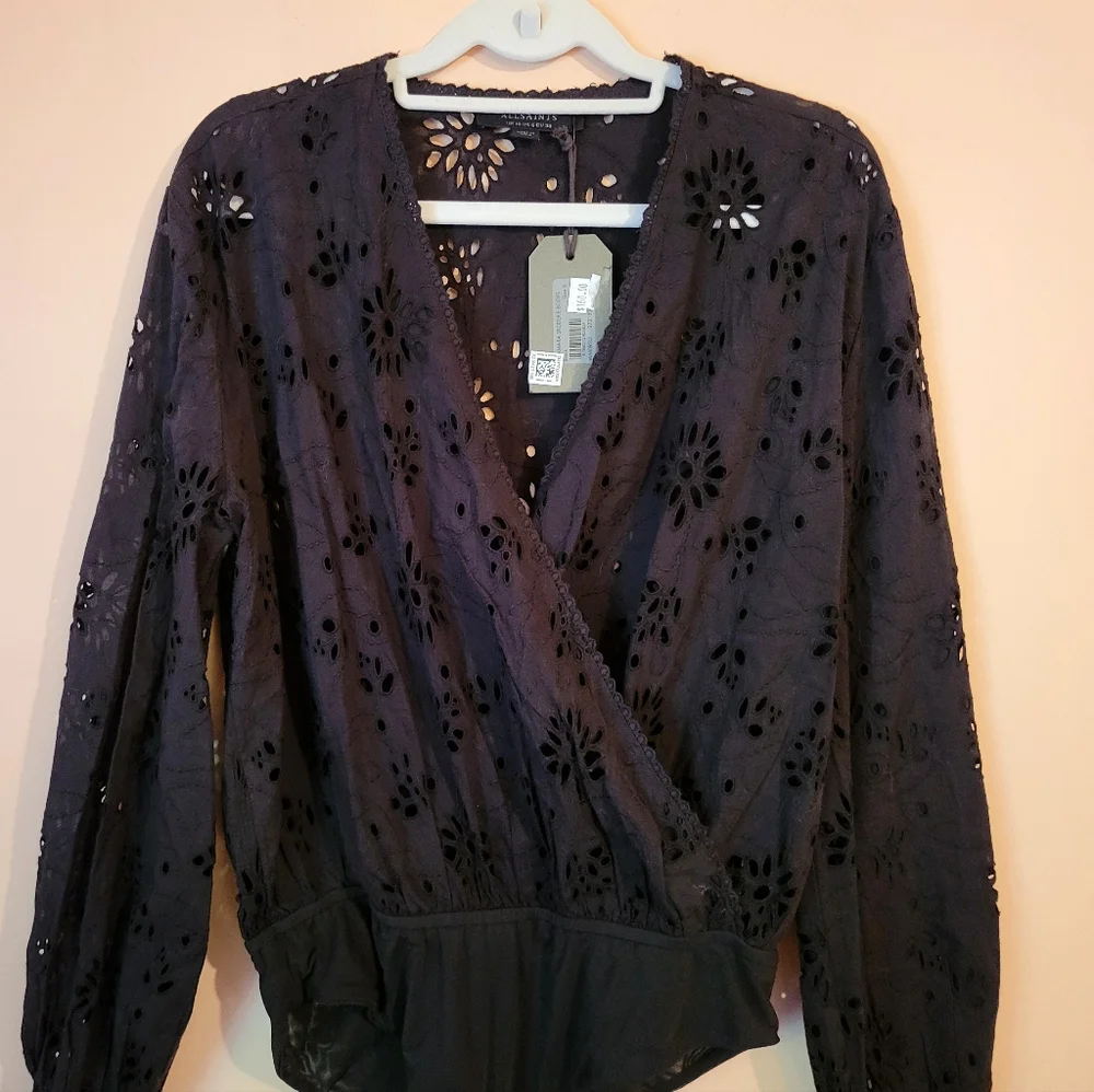 All Saints Black Amara Broderie Bodysuit, Eyelet Design, NWT, Size 6 - Picture 7 of 16